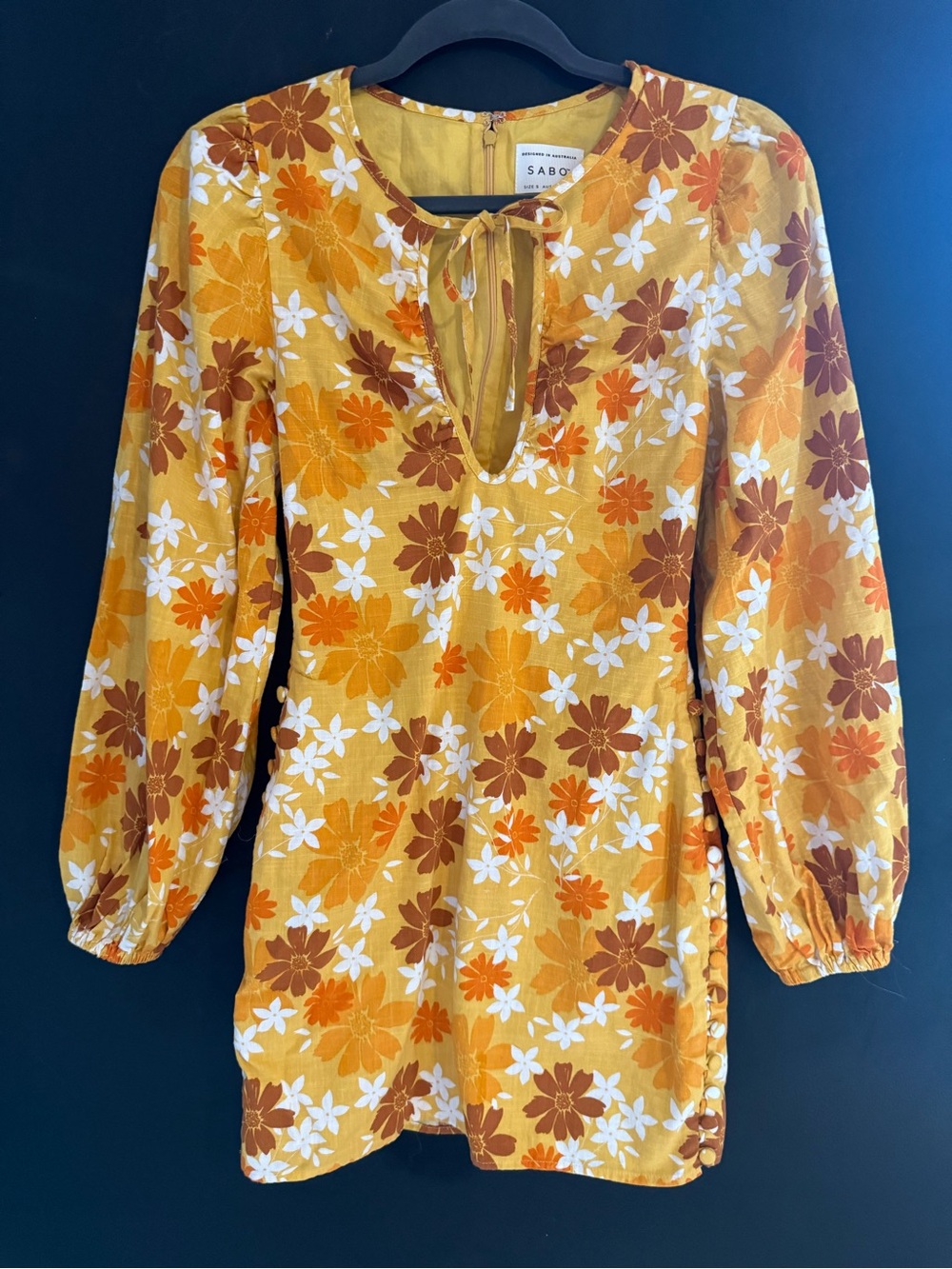 Sabo Floral Tie-Neck Mini Dress Mustard Floral print fall colors size small